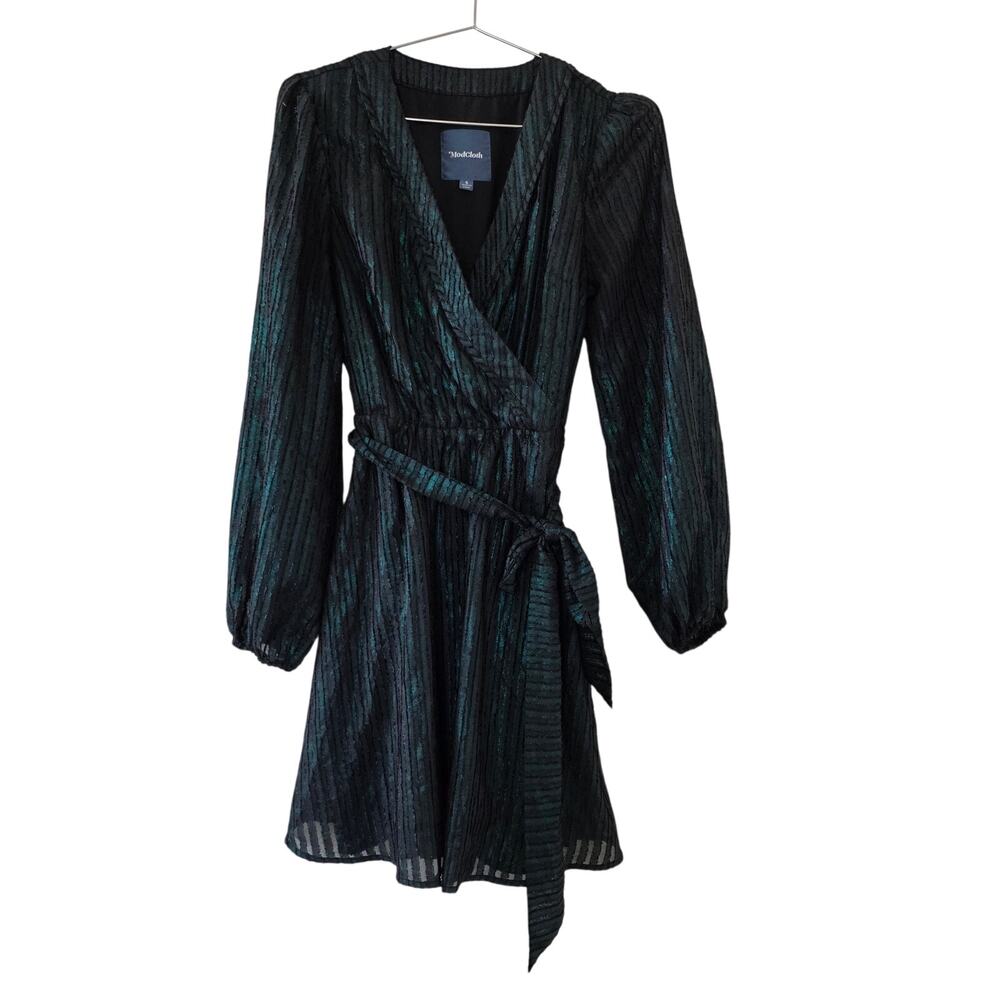 ModCloth Green Black Metallic Striped Wrap Dress Women Size S Long Sleeve Belted